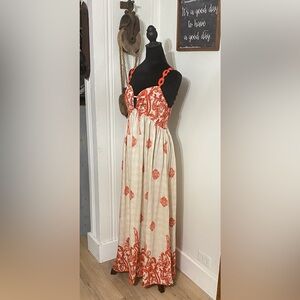 Burnt orange floral flowy bohemian maxi dress size medium